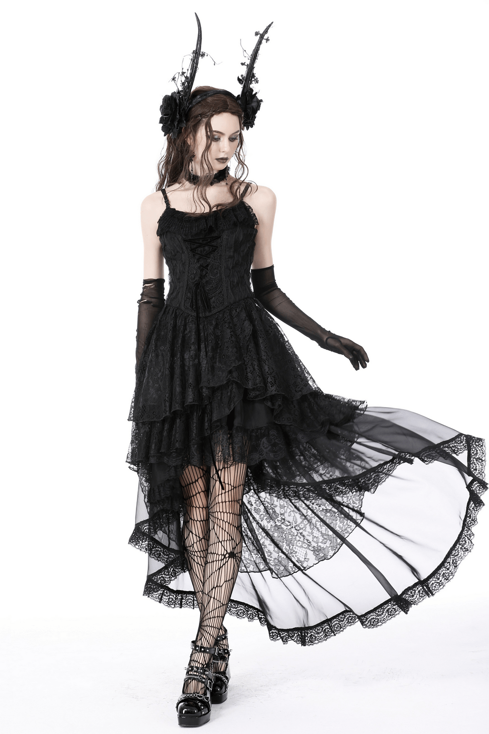 Gothic black lace high-low dress with frills, perfect for dark events and special occasions, styled with elegant accessories.