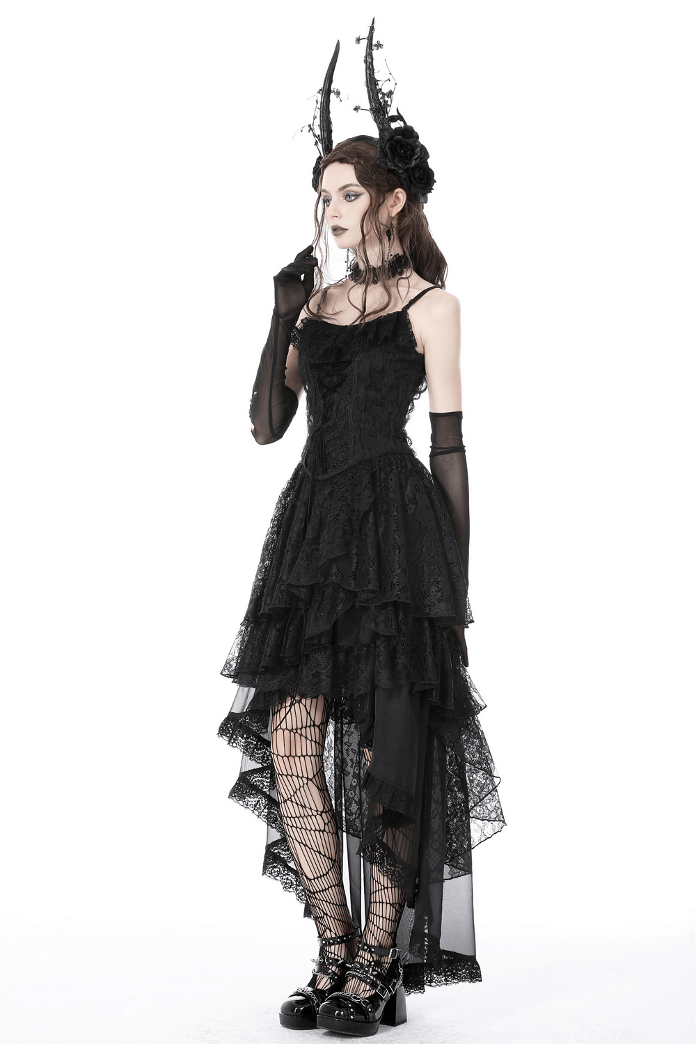 Black lace high-low dress with gothic frills, halter neckline, and dramatic layers, perfect for dark occasions.