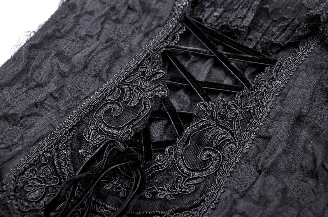 Close-up of intricate black lace and embroidery detail on a gothic dress, showcasing romantic Victorian design elements.