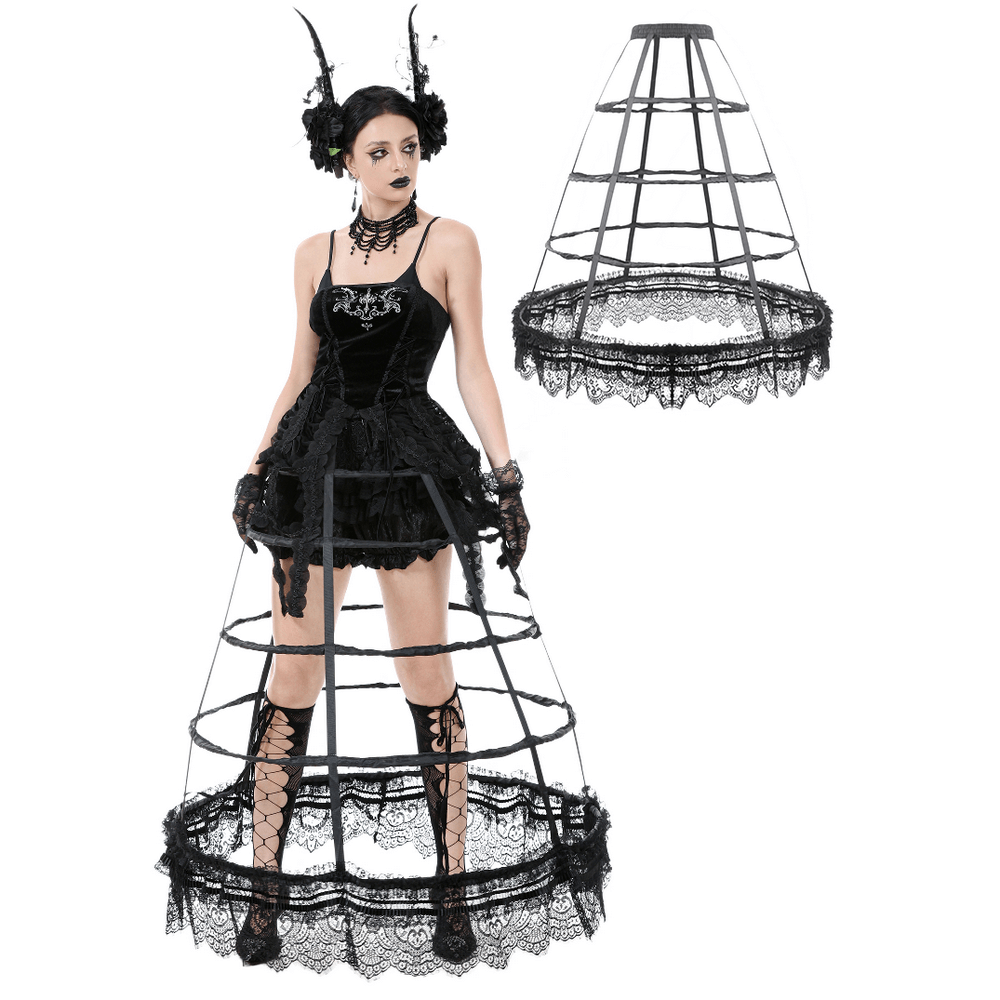 Black lace hoop petticoat with ruffled layers, gothic elegance for edgy vintage outfits.