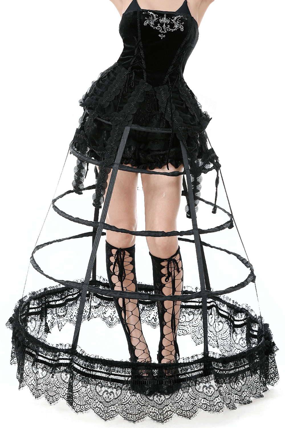 Black lace hoop petticoat with ruffled layers, showcasing gothic vintage elegance and a dramatic high-low design.
