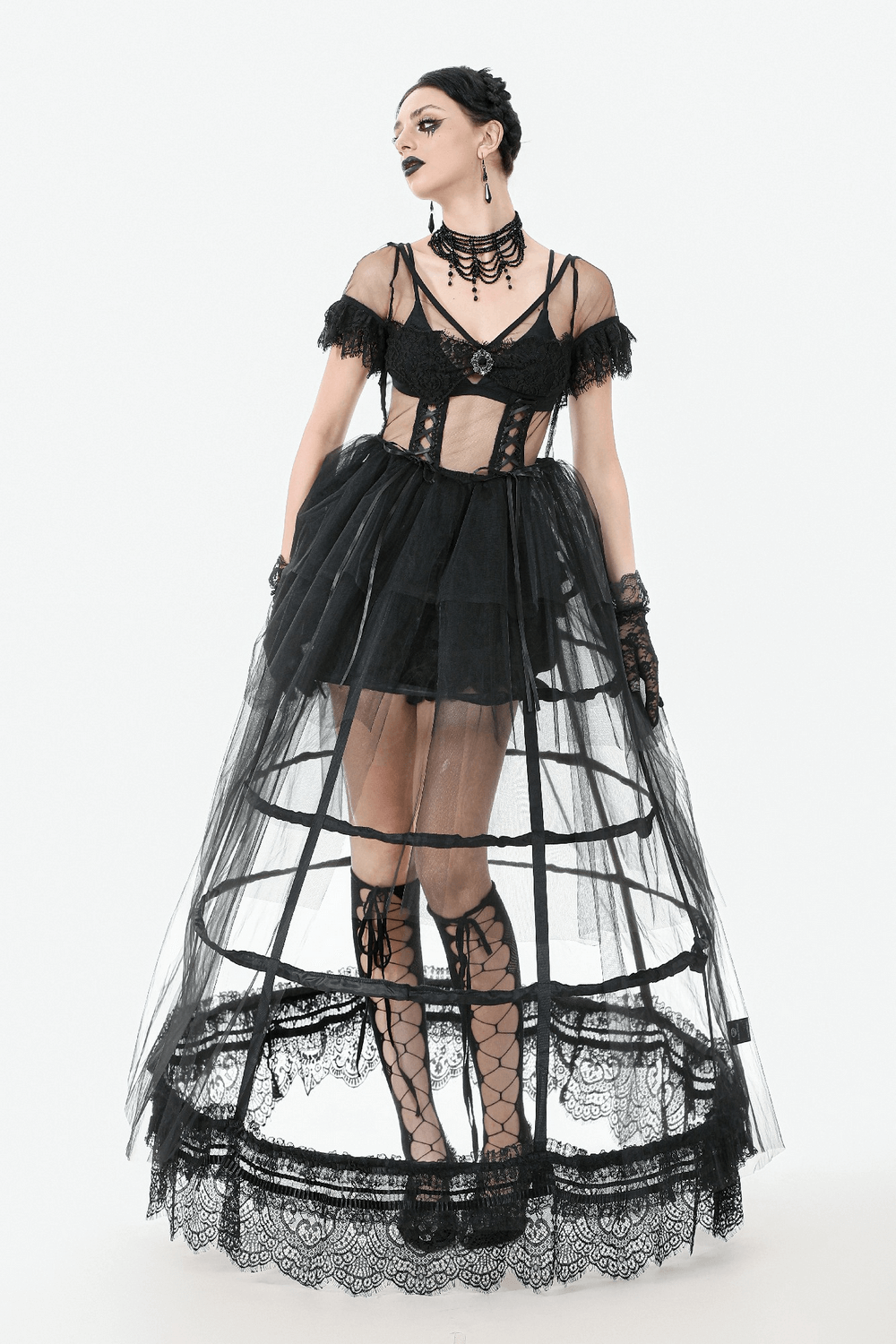 Gothic black lace hoop petticoat featuring ruffled layers and tulle for a vintage edgy look, perfect for alternative outfits.