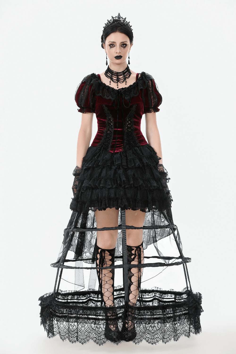 Gothic black lace hoop petticoat with ruffled layers, showcasing vintage elegance and edgy style.