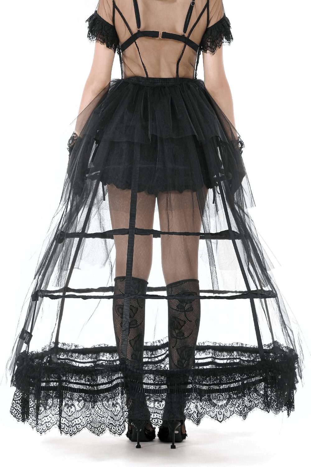 Black lace high-low petticoat showcasing ruffled layers and edgy gothic details, perfect for alternative fashion.