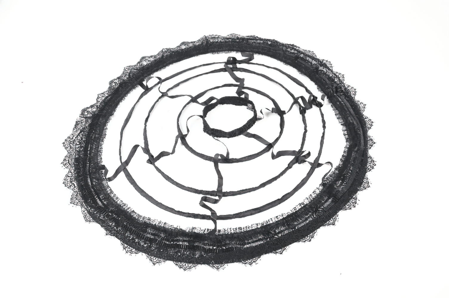 Black lace hoop petticoat with intricate spiral design for gothic vintage fashion.