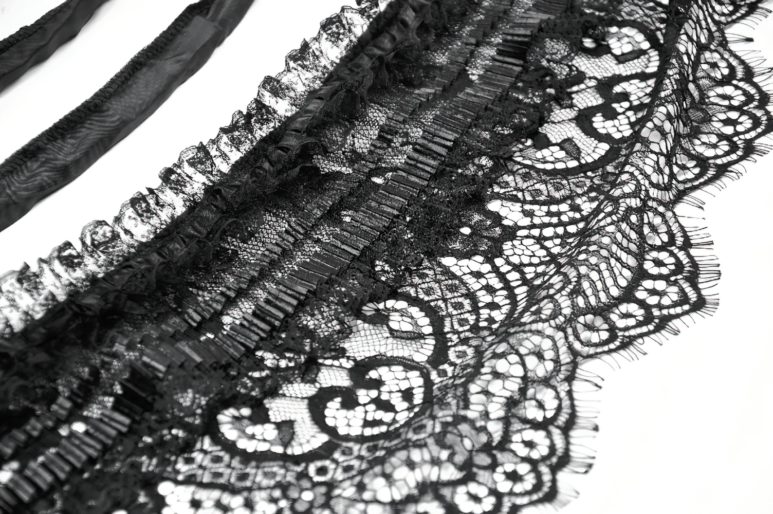 Close-up of intricate black lace detail showcasing gothic and vintage patterns for edgy fashion designs.