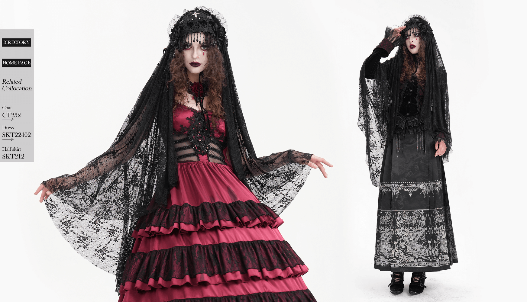 Gothic women's black lace long veil paired with dark, elegant dresses for a captivating gothic lolita look.