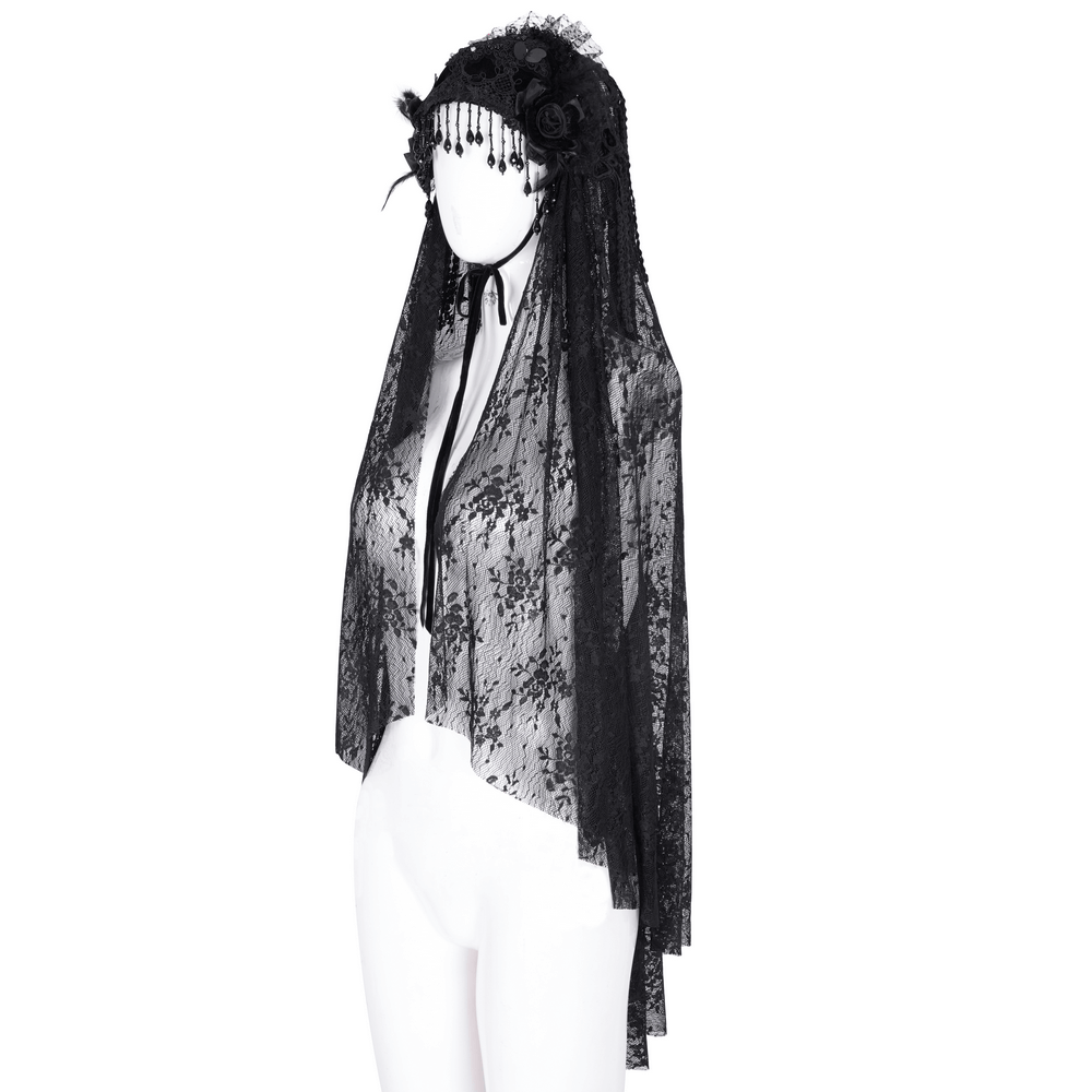 Black lace long veil with intricate patterns, perfect gothic lolita accessory for dark fashion ensembles.