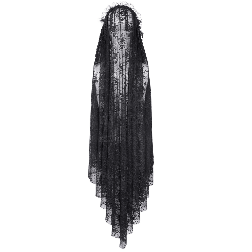 Elegant black lace long veil with intricate patterns, perfect for gothic lolita and dark fashion ensembles.