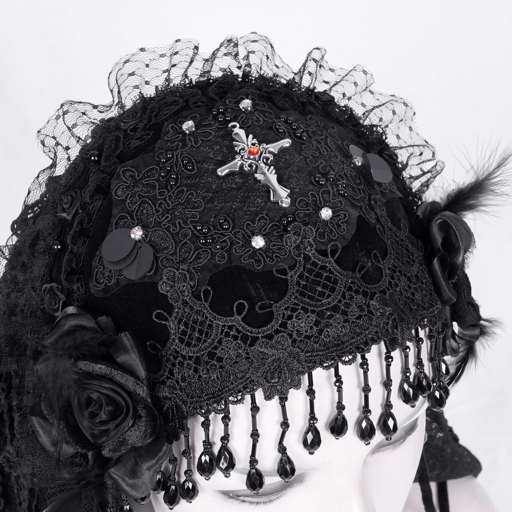 Elegant black lace veil adorned with intricate patterns and embellishments for gothic lolita style.