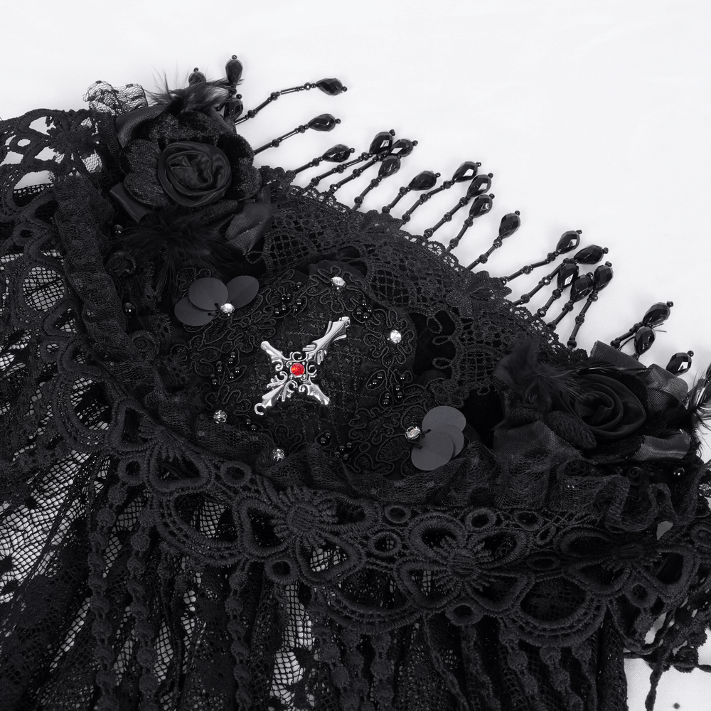 Elegant black lace veil with intricate floral embellishments and gothic details, perfect for dark fashion. 