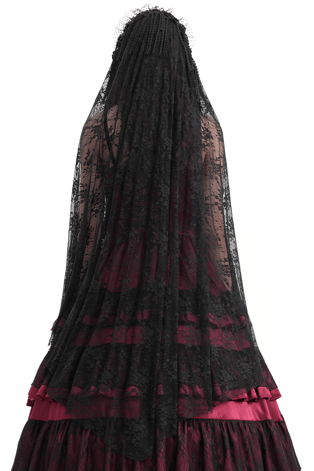 Elegant black lace long veil for gothic lolita fashion, perfect for adding a mysterious touch to any outfit.