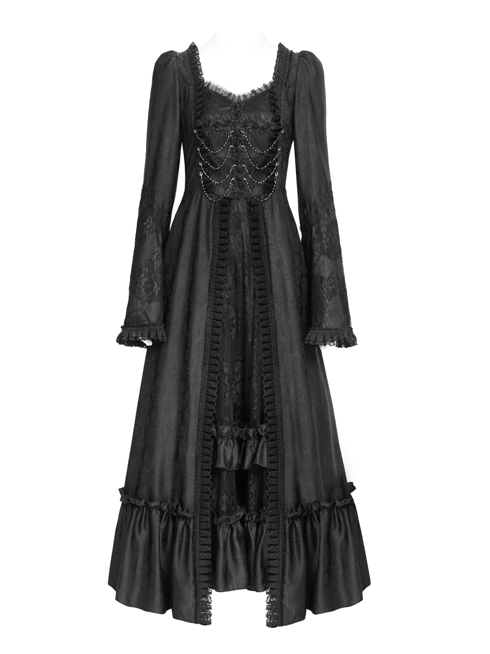Victorian-inspired black lace medieval dress with long bell sleeves and corset back, perfect for gothic events.