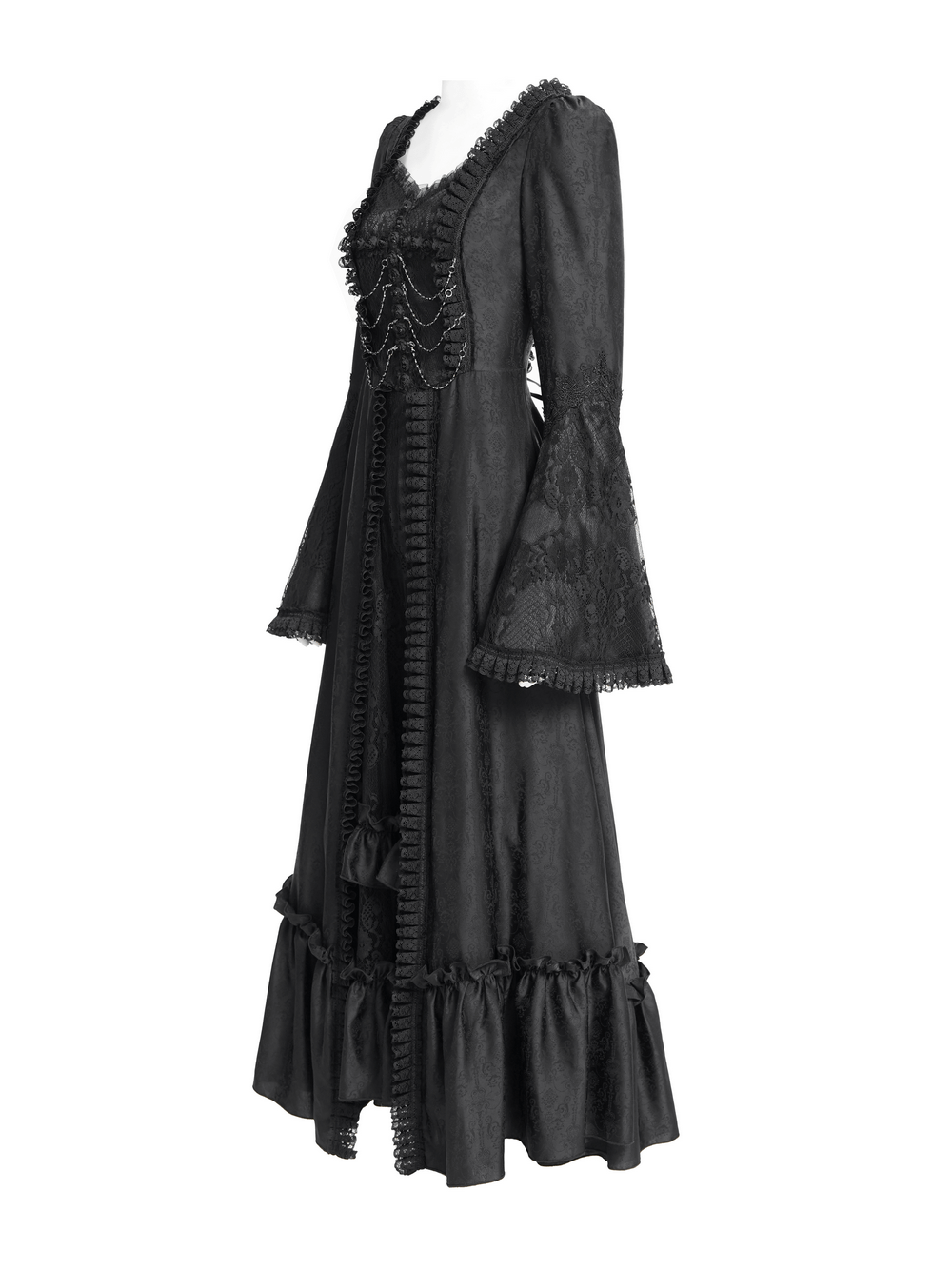 Elegant black lace medieval-style dress with long bell sleeves and corset back, perfect for gothic events.