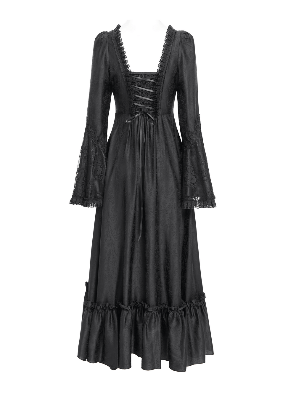 Elegant black lace medieval dress with bell sleeves and corset back, perfect for gothic events and dark romantic style.