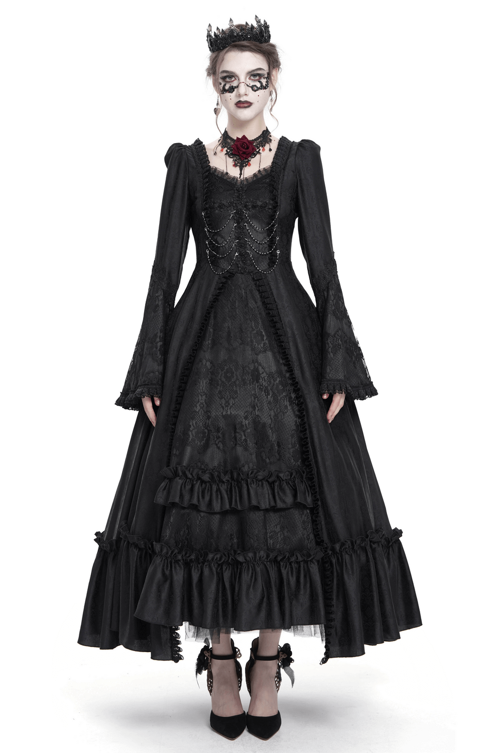 Gothic black lace medieval dress with long bell sleeves and corset back, perfect for dark romantic events.