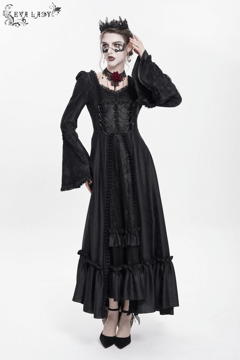 Victorian gothic black lace dress with bell sleeves and corset back, perfect for dark romantic aesthetics.