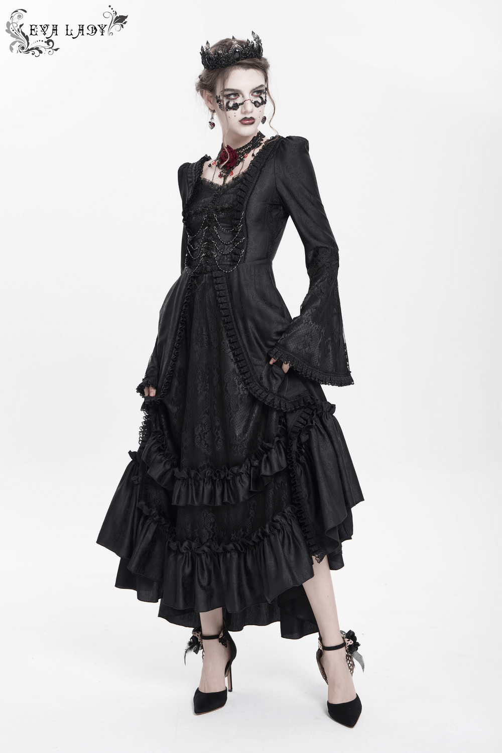 Victorian-inspired black lace dress with long bell sleeves, corset back, and layered ruffle skirt for gothic elegance.
