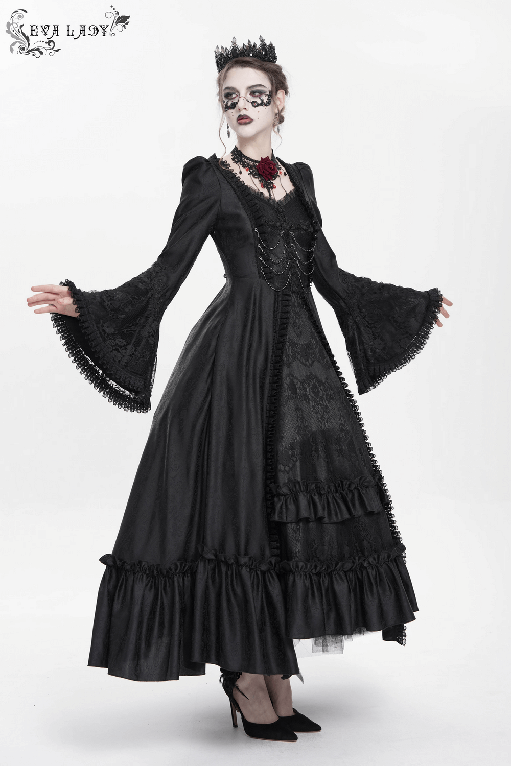 Victorian-inspired black lace gothic dress with bell sleeves, corset back, and ruffled skirt.