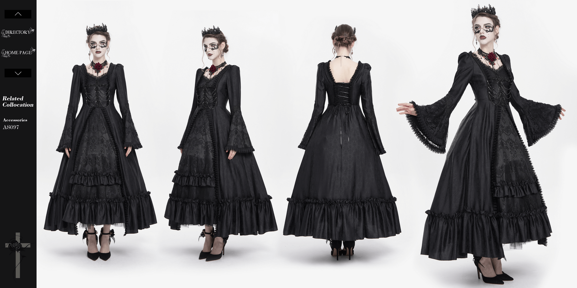 Black lace medieval dress with bell sleeves, corset back, and ruffle details, perfect for gothic events.