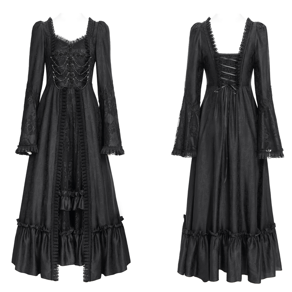 Elegant black lace medieval dress with long bell sleeves, corset back, and decorative chains for a gothic look.