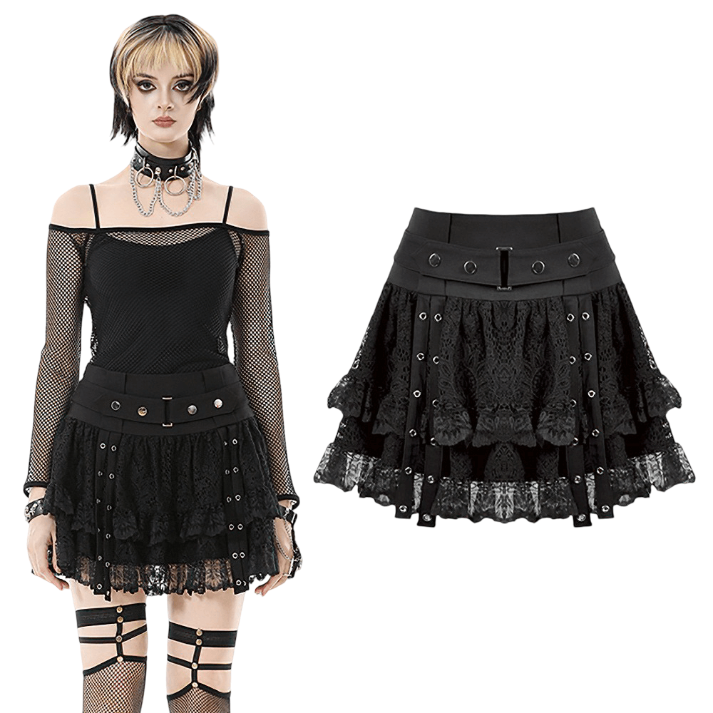 Black Lace Mini Skirt with Straps and Layered Ruffles featuring ruffled lace and metal eyelets in a gothic style.