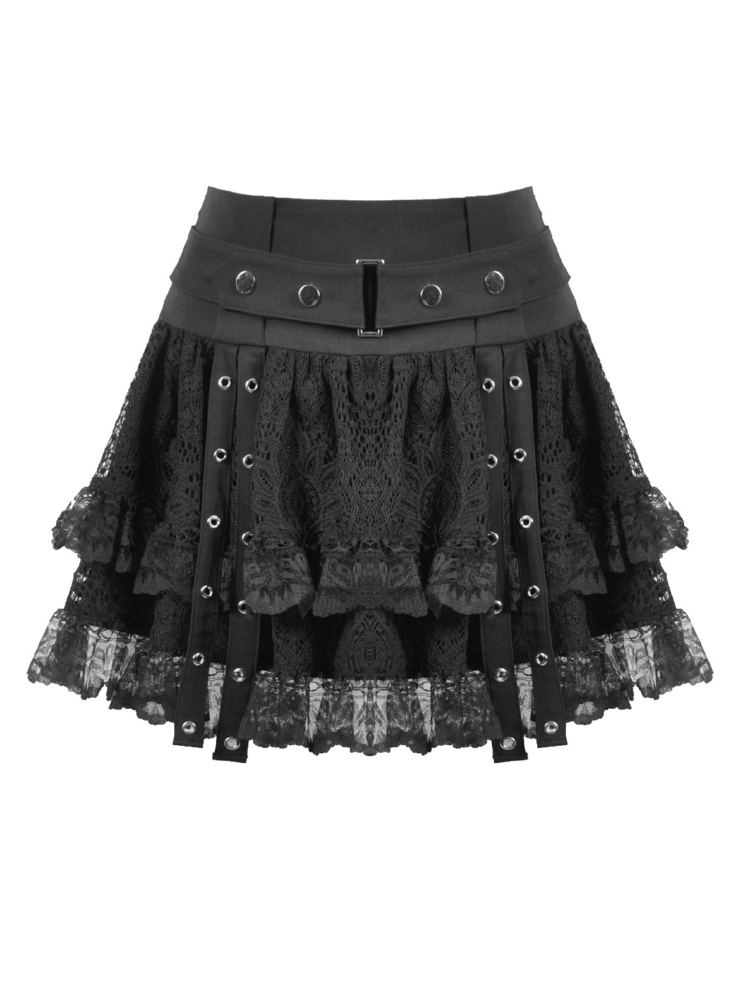 Black Lace Mini Skirt with Straps and Layered Ruffles featuring ruffle tiers and metal eyelets.
