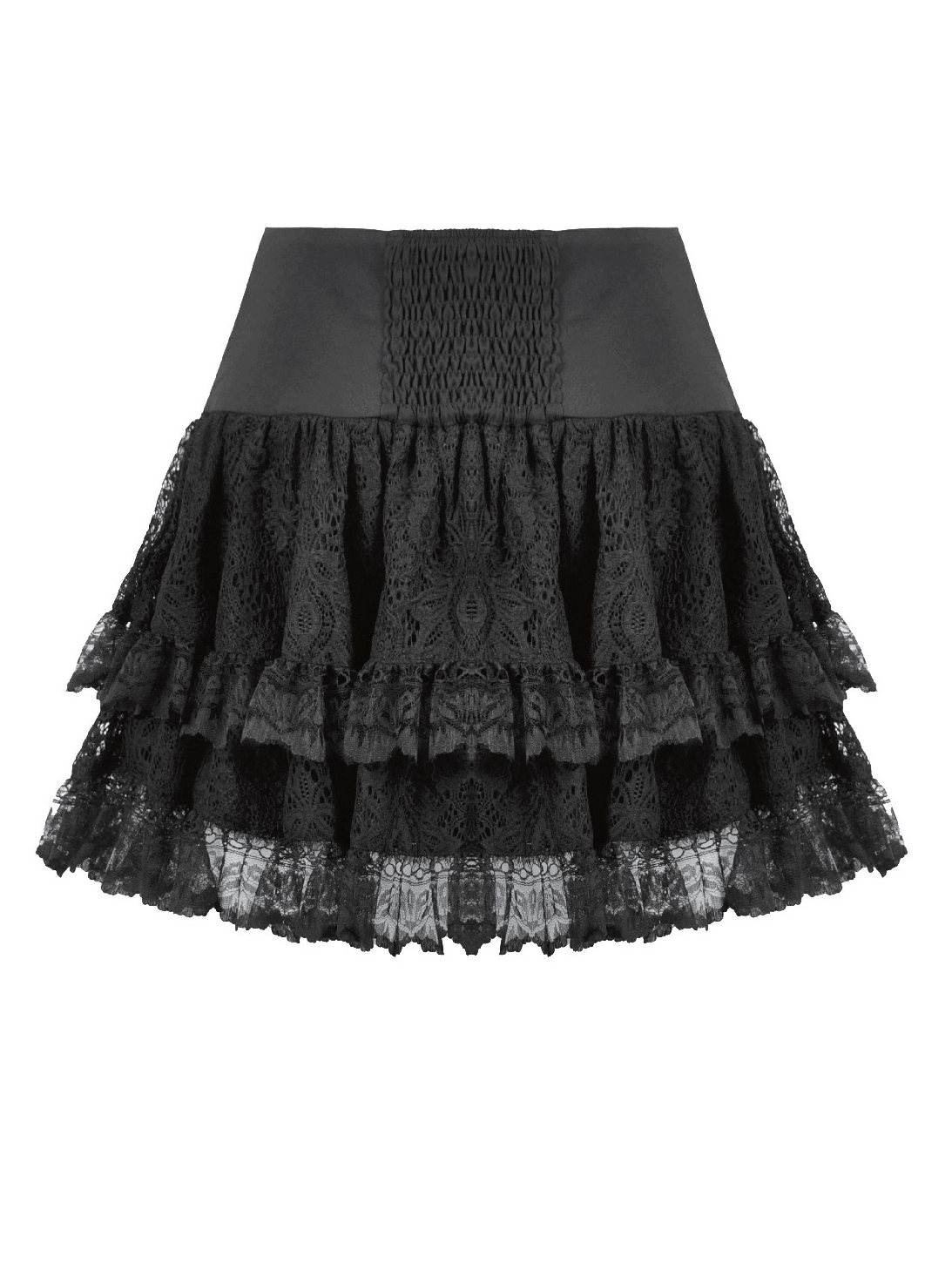 Black Lace Mini Skirt with Straps and Layered Ruffles featuring tiered ruffles and metal eyelet details.