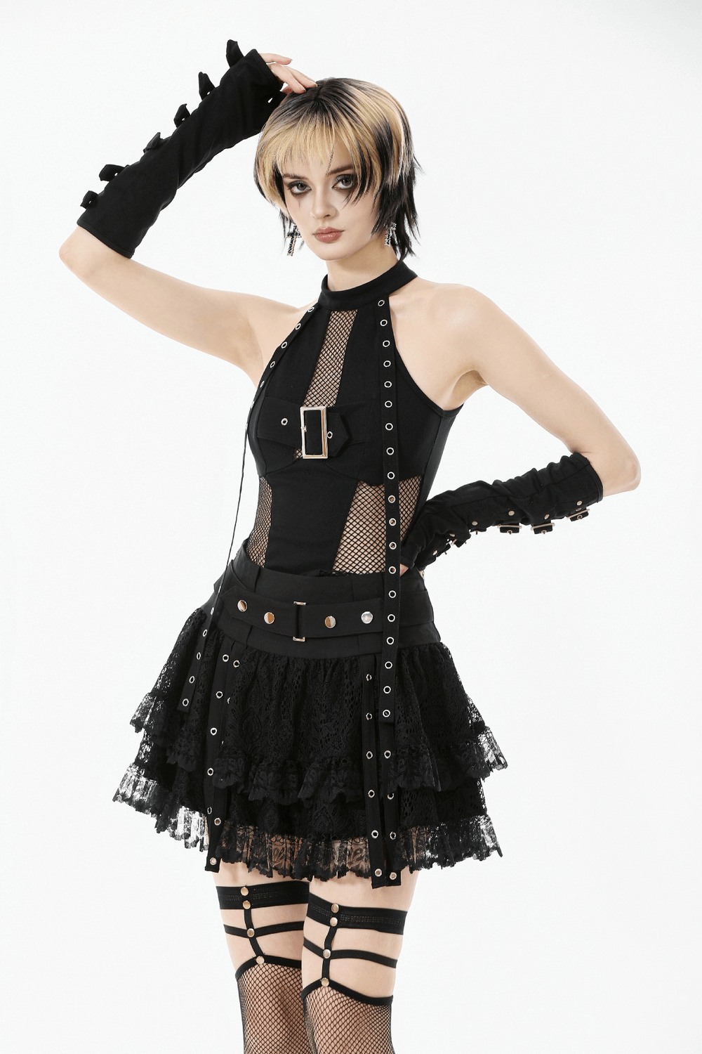 Black Lace Mini Skirt with Straps and Layered Ruffles, featuring metal eyelet details and ruffled layers for a bold, gothic style.