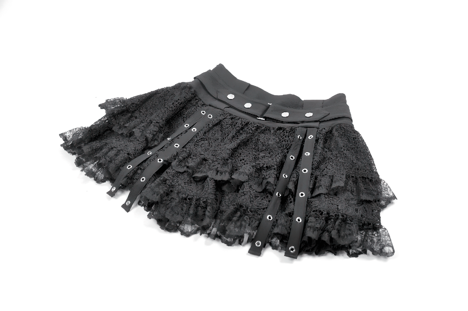 Black Lace Mini Skirt with Straps and Layered Ruffles featuring tiered ruffles and metal eyelet straps.