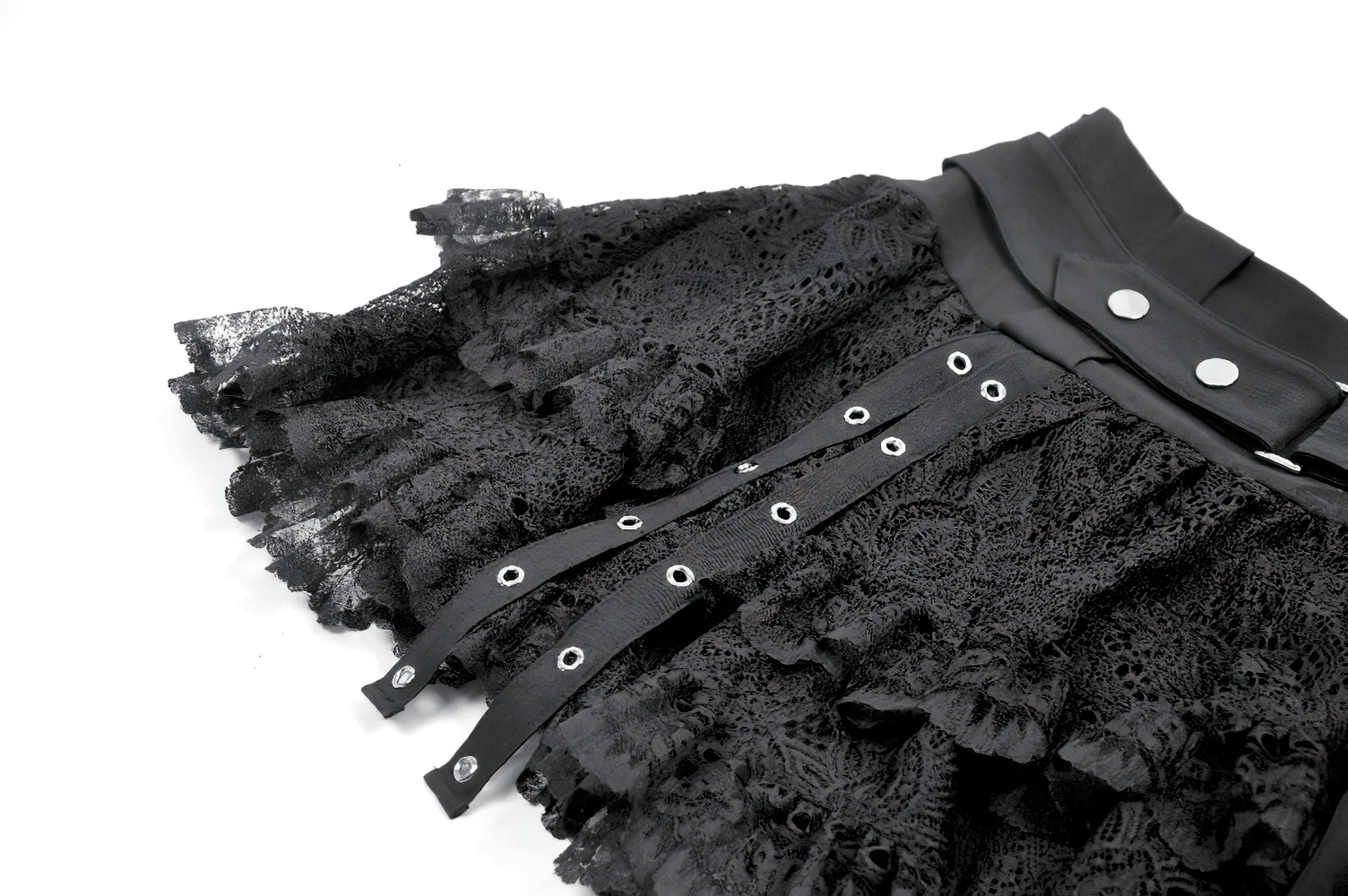 Black Lace Mini Skirt with Straps and Layered Ruffles showcasing tiered ruffles and metal eyelet details.