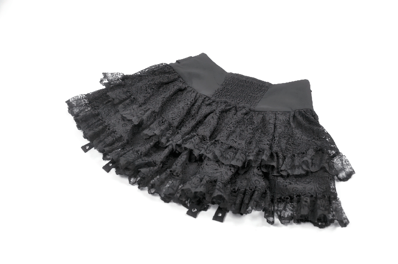 Black Lace Mini Skirt with Straps and Layered Ruffles featuring ruffle layers and sheer lace design.