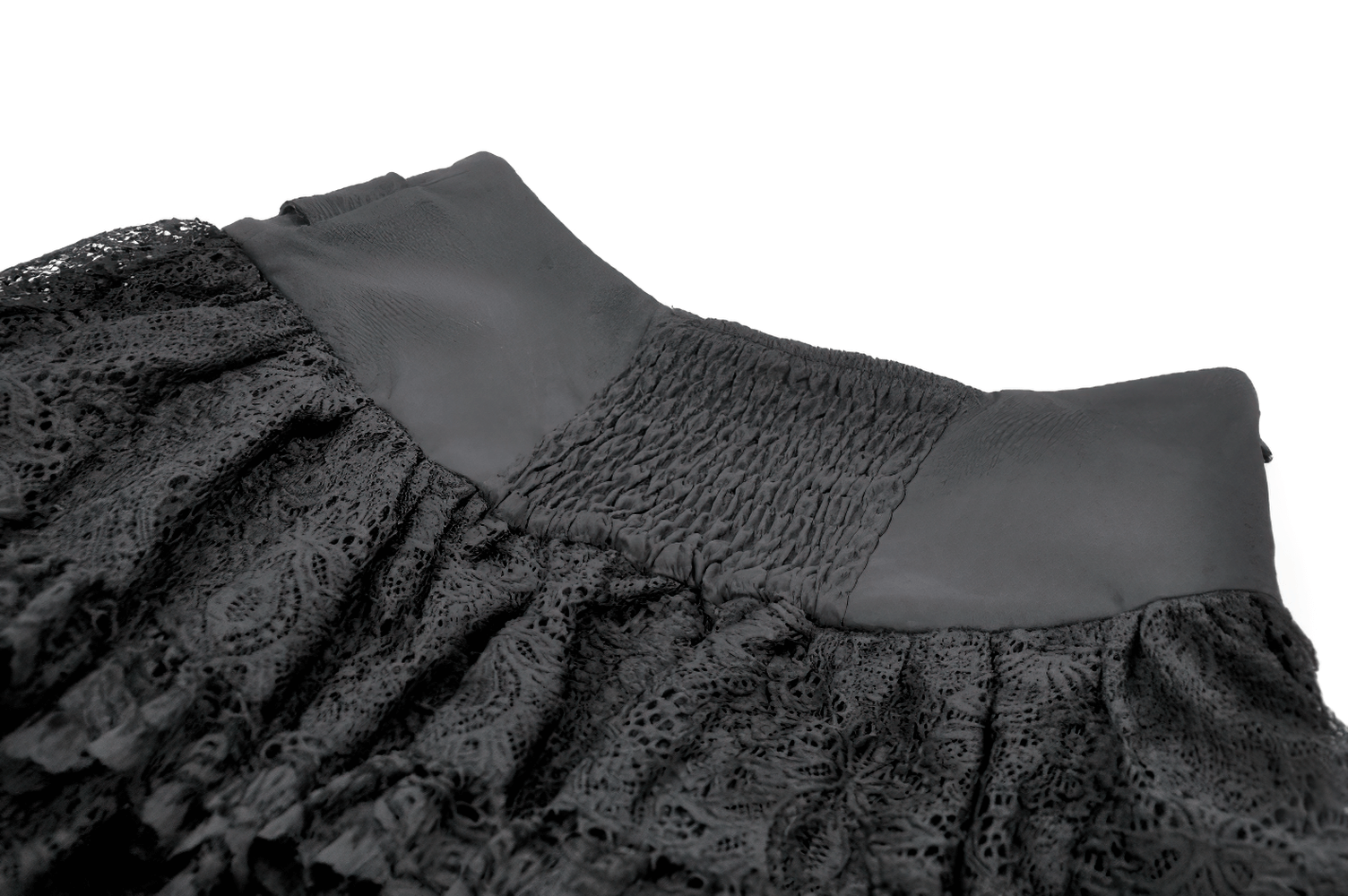 Black Lace Mini Skirt with Straps and Layered Ruffles showing the wide waistband and elastic smocking design.