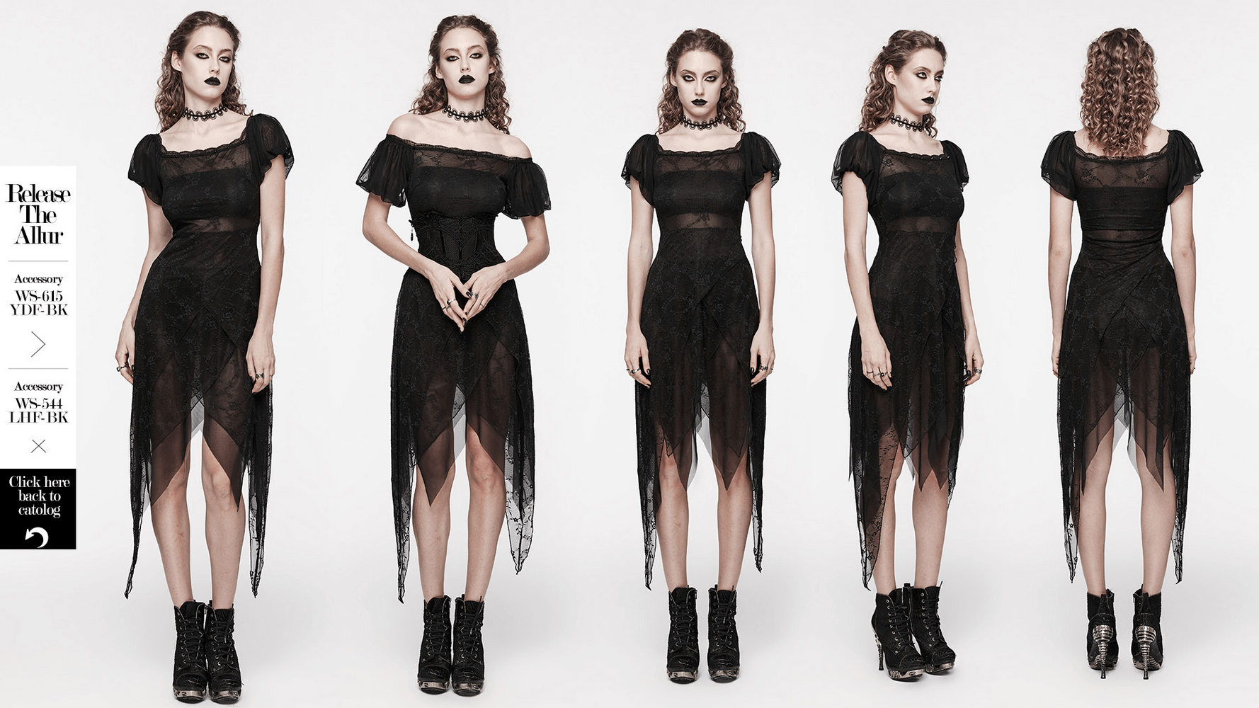 Black lace off-shoulder dress with puff sleeves and spiky neckline, showcasing a versatile two-way wear style.