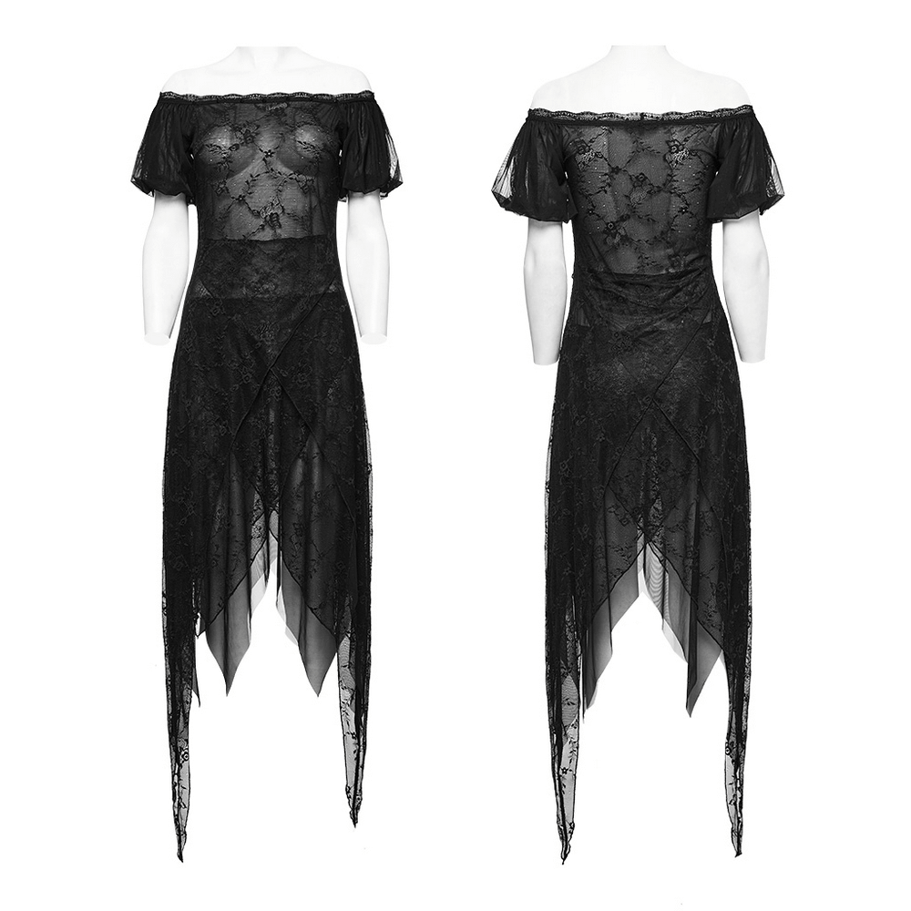 Black Lace Off-Shoulder Long Dress with Spike Detailing