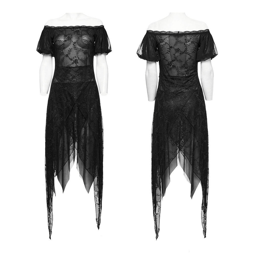 Elegant black lace off-shoulder dress with spike detailing and flowing hem for a glamorous look.