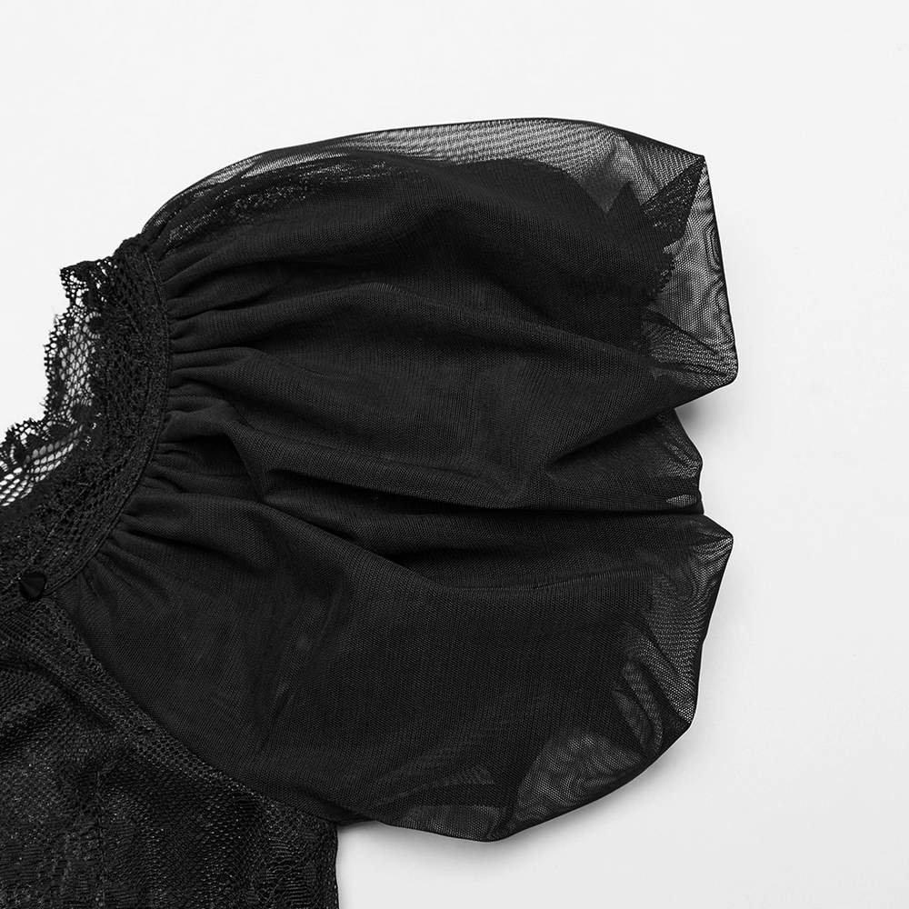 Close-up of the puff sleeve on a black lace off-shoulder long dress, showcasing delicate lace detail and sheer mesh.