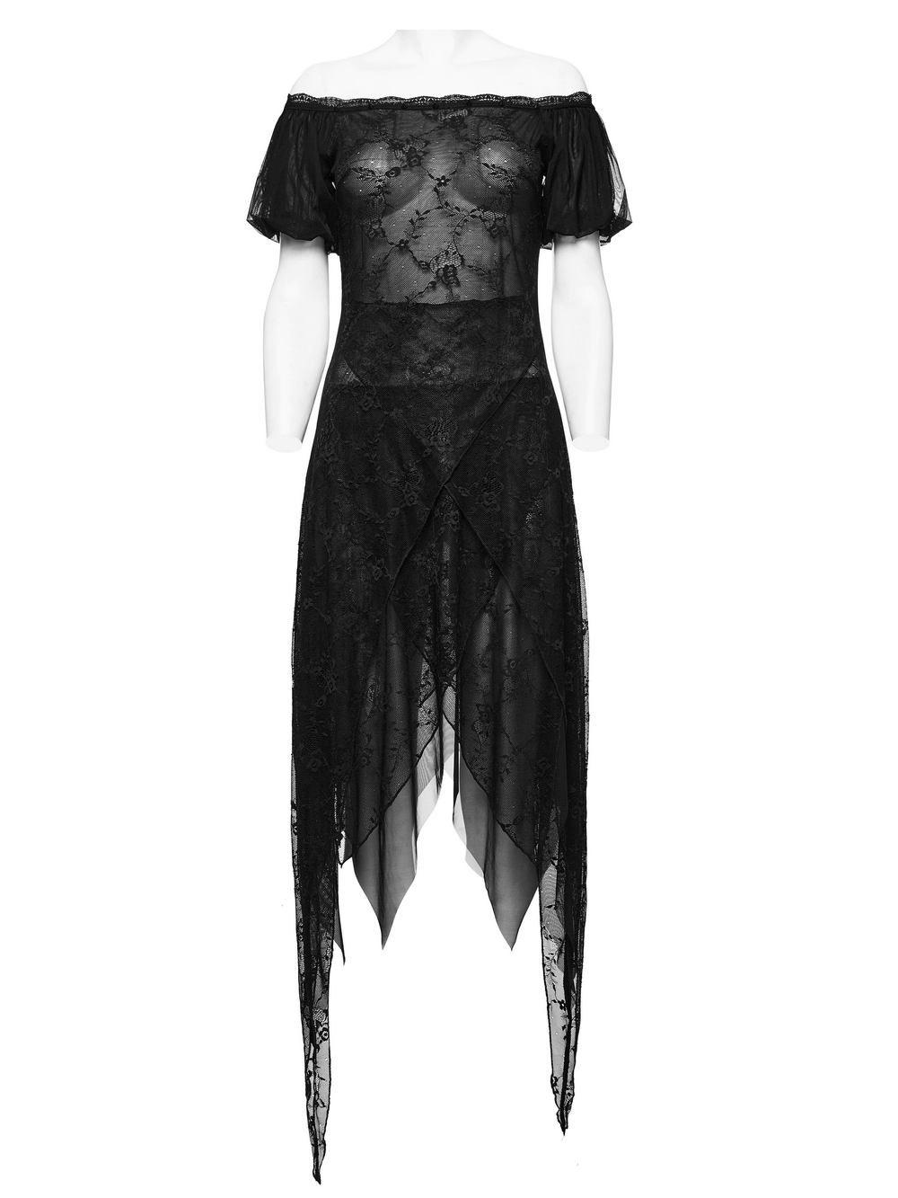 Black lace off-shoulder long dress with spike detailing and flowing hem for a daring, stylish look.