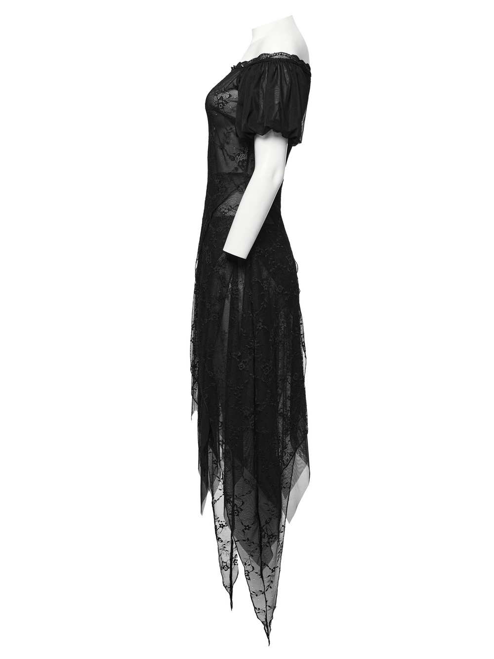 Elegant black lace off-shoulder dress with spiky detailing, showcasing a flattering silhouette and whimsical puff sleeves.