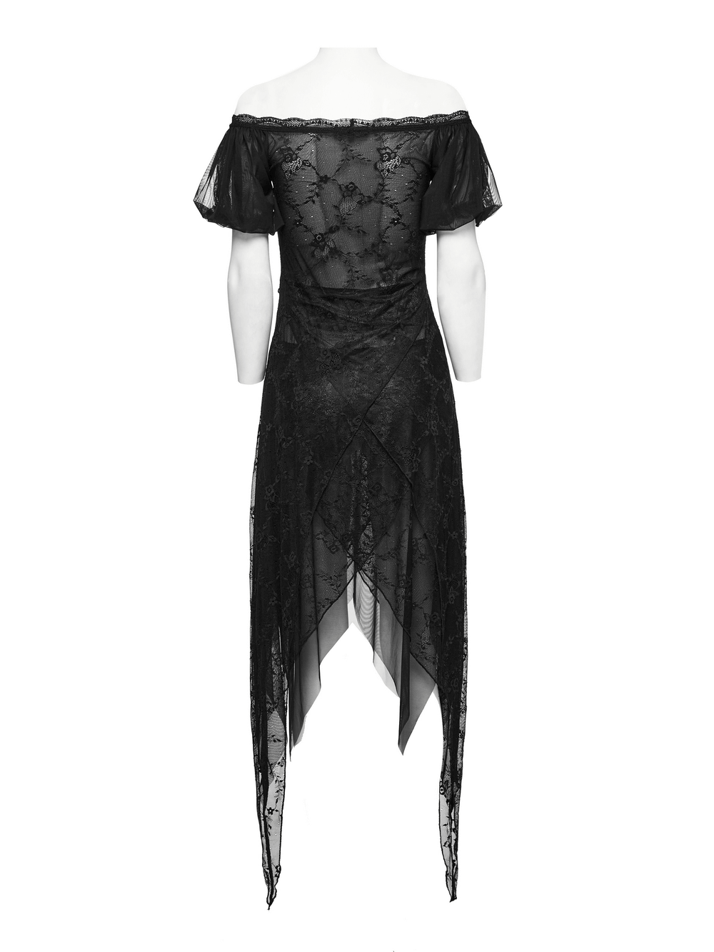 Back view of black lace off-shoulder long dress with spiky detailing and sheer flowy hemline.