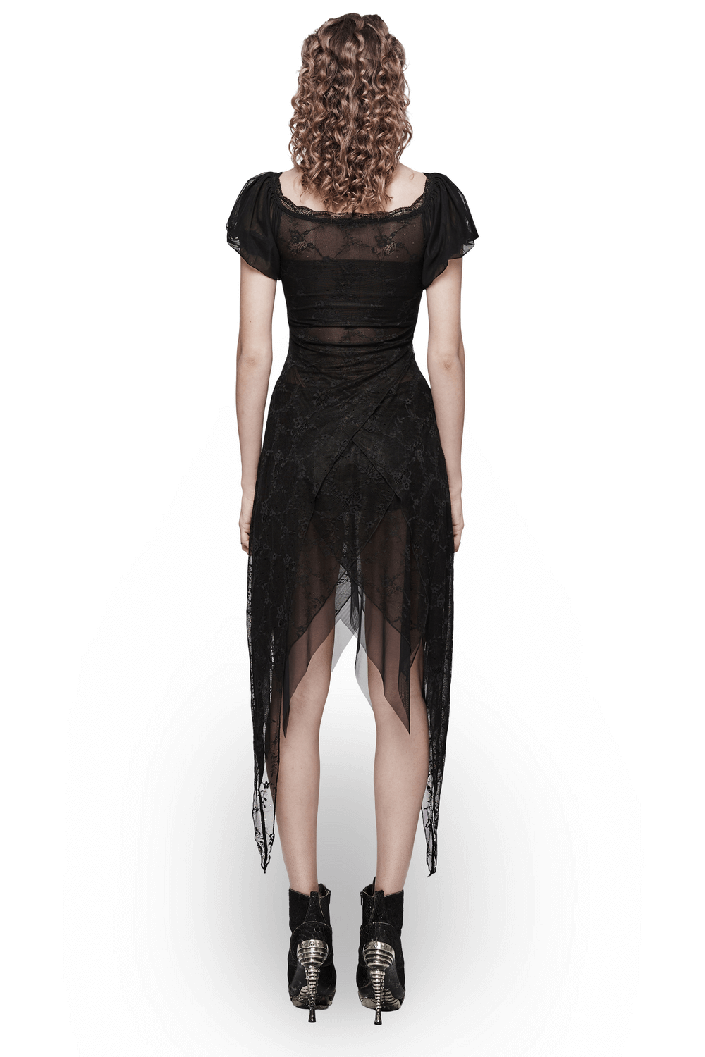 Back view of a black lace off-shoulder dress with spiky detailing and sheer layers, showcasing its elegant flow.