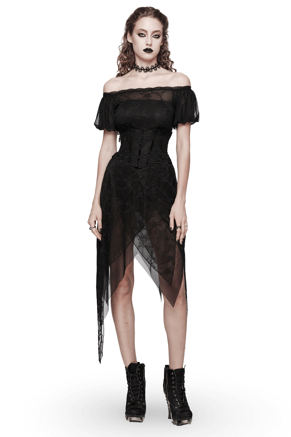 Black Lace Off-Shoulder Long Dress with Spike Detailing