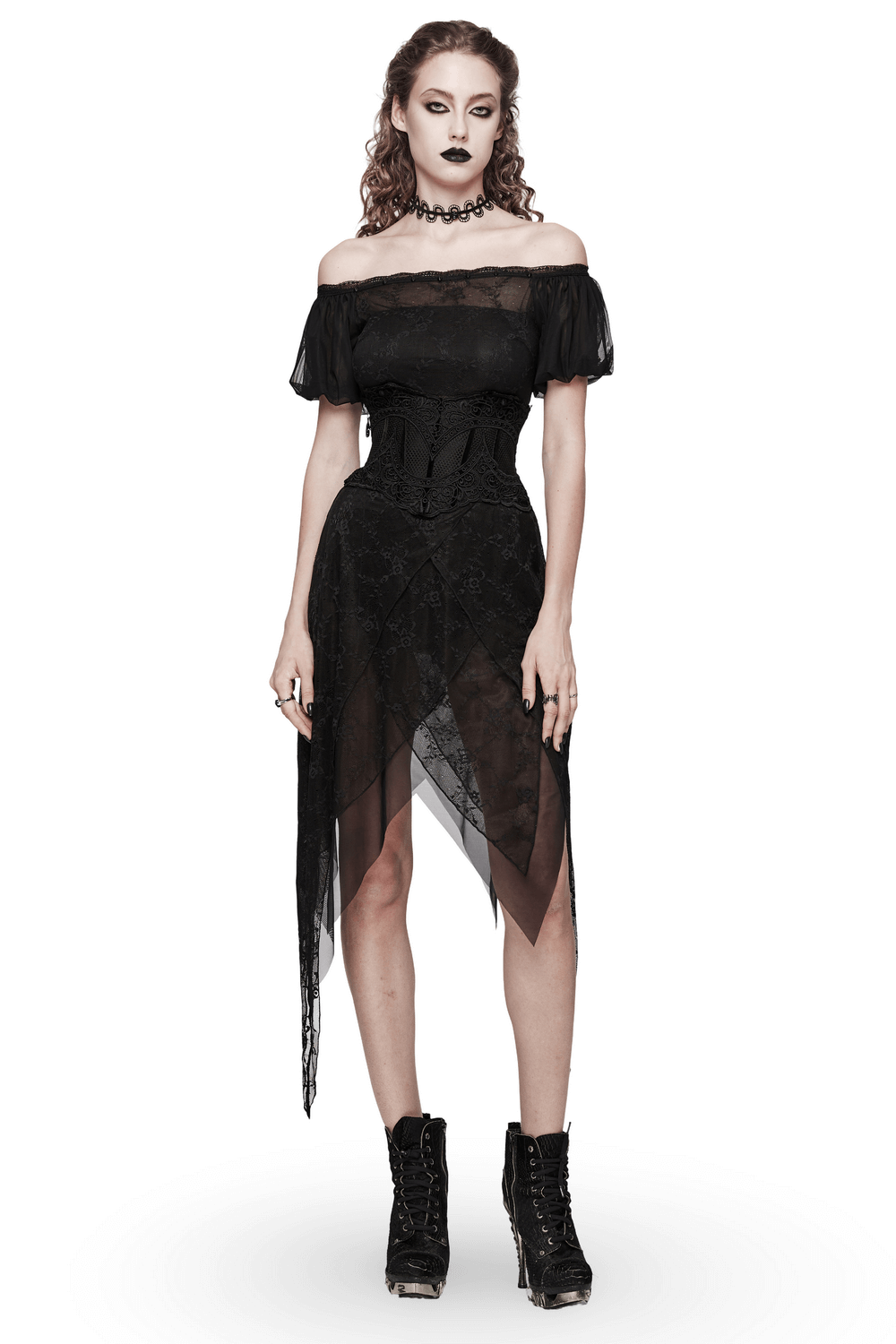 Alluring black lace off-shoulder long dress with spike detailing and playful puff sleeves, perfect for stylish evenings.