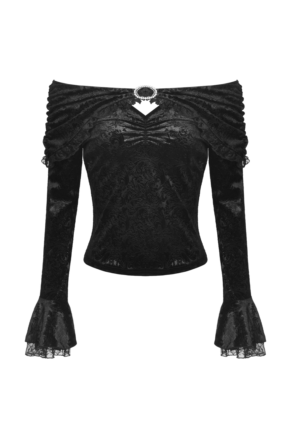 Black lace off-shoulder top with brooch detail and flared lace cuffs, perfect for Victorian-inspired elegance.