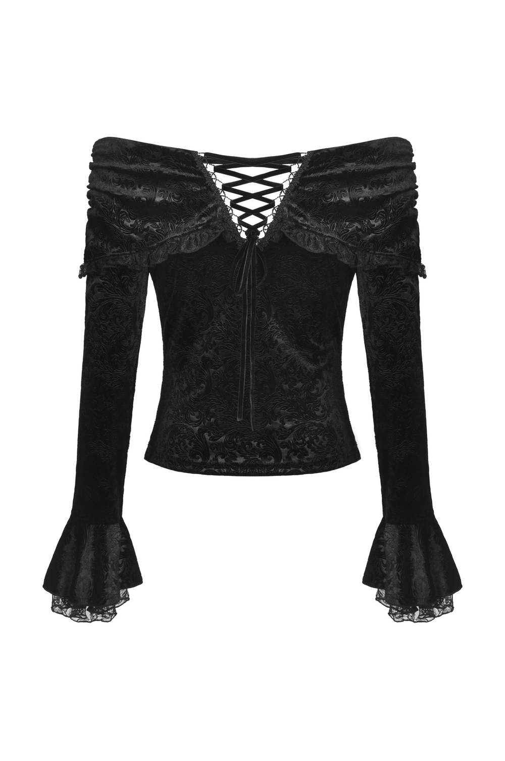 Elegant black lace off-shoulder top with flared cuffs and lace-up detail, perfect for gothic-inspired fashion.