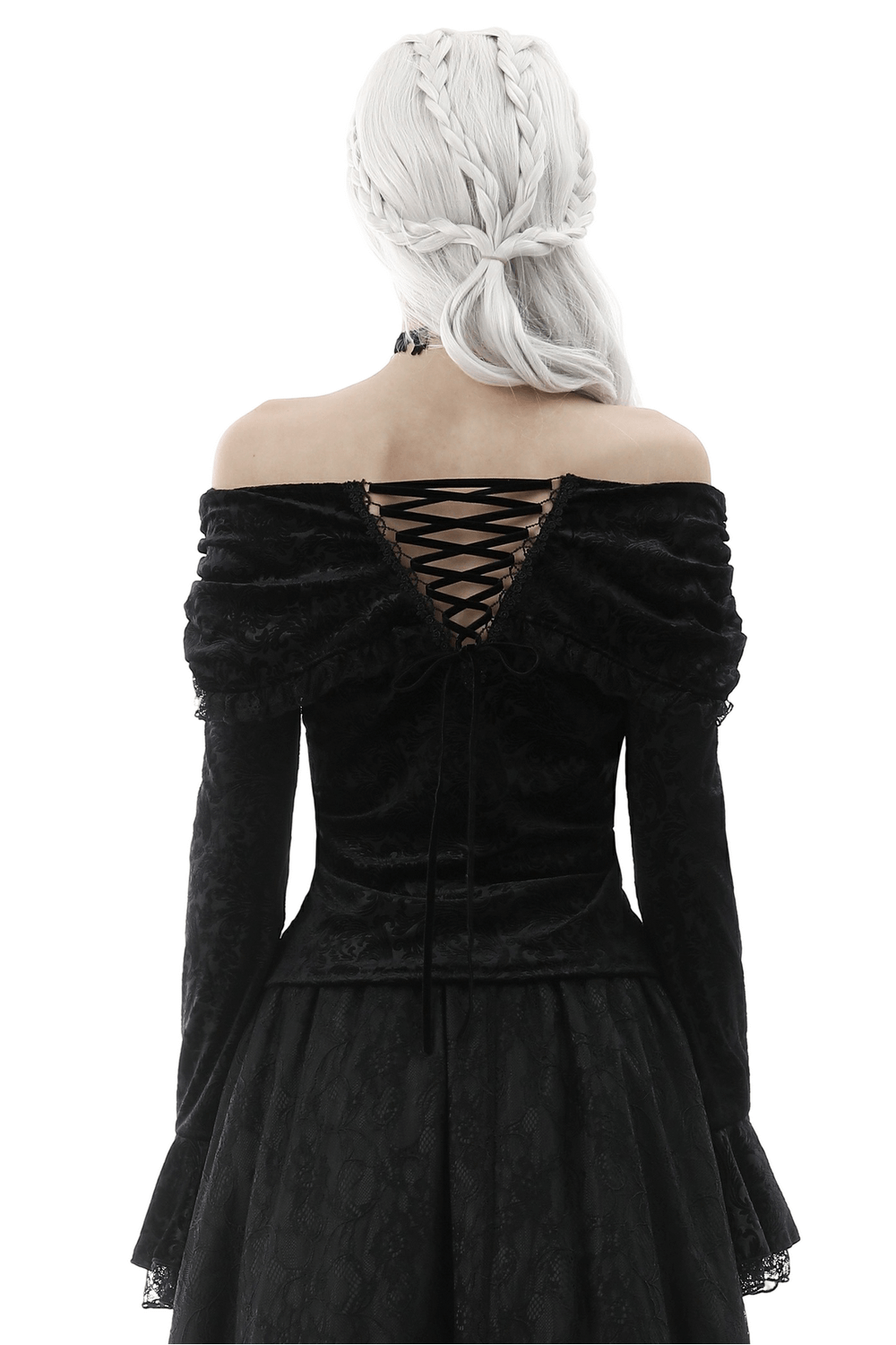 Back view of black lace off-shoulder top showcasing lace-up detail and elegant flared cuffs.