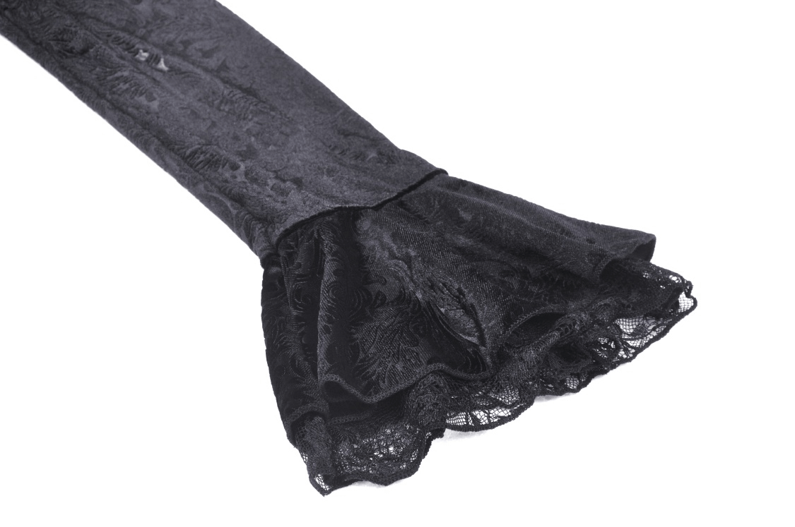 Elegant black lace flared cuffs of a gothic off-shoulder top, adding sophistication to any outfit.