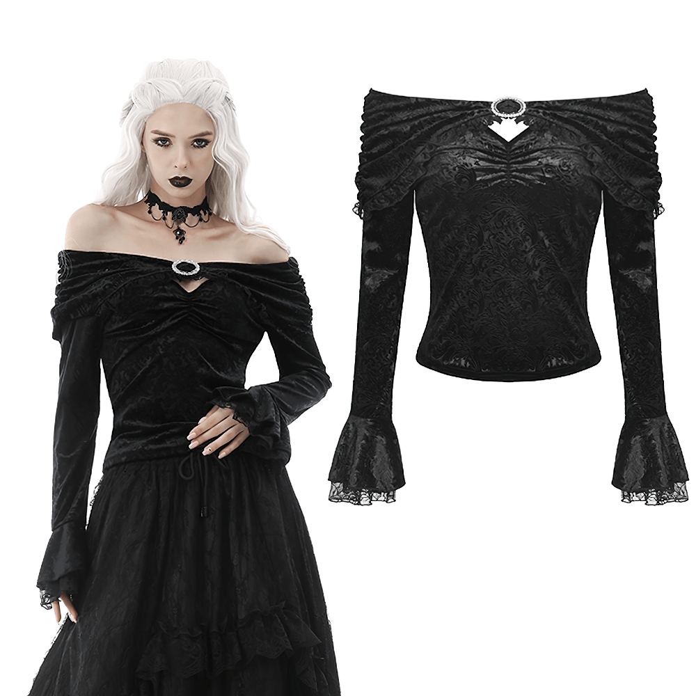 Black Lace Off-Shoulder Top with Brooch Detail