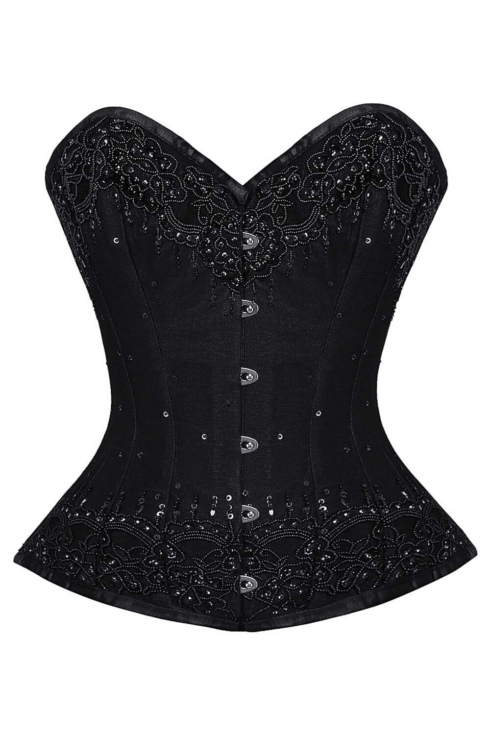 Alt Tag: Black Lace Overlay Overbust Steel Boned Corset with satin base, ornate lace trim, steel boning, and front busk closure