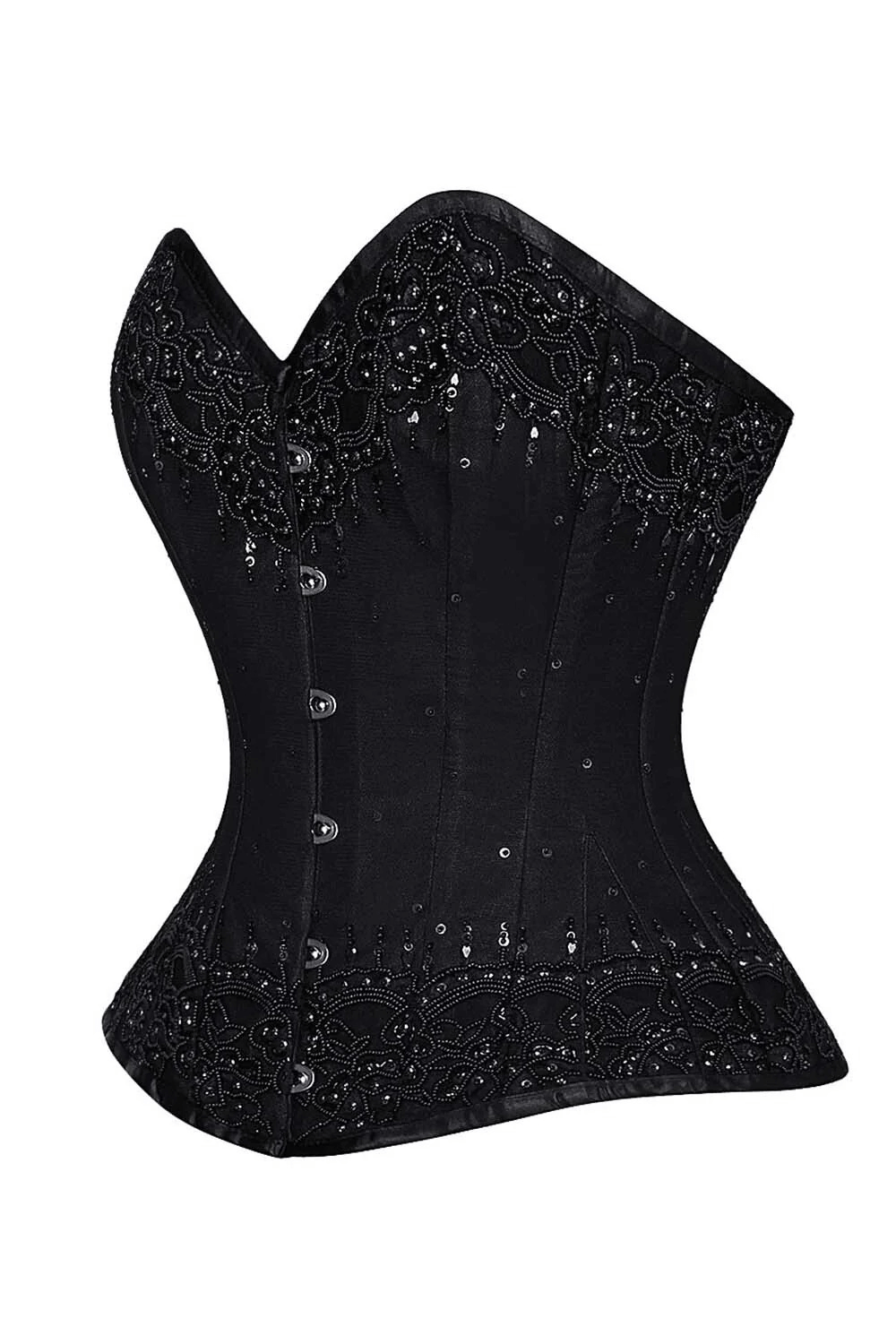 Alt Tag: Black Lace Overlay Overbust Steel Boned Corset with satin base, ornate lace overlay, steel boning, and front busk closure